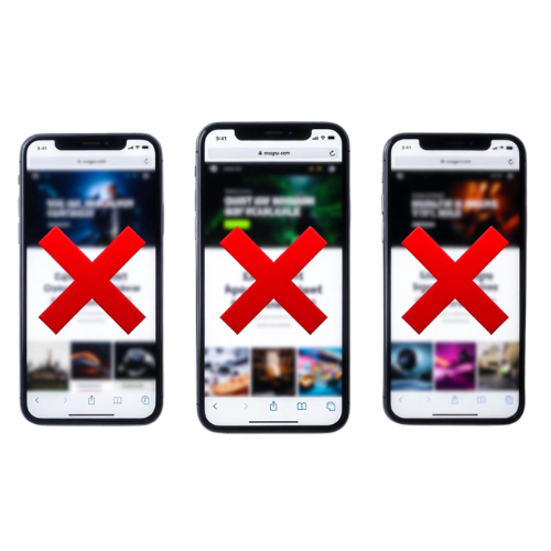 3 iphones on a transparent background, screens displaying blurry ugly websites with red X overlaying each website.